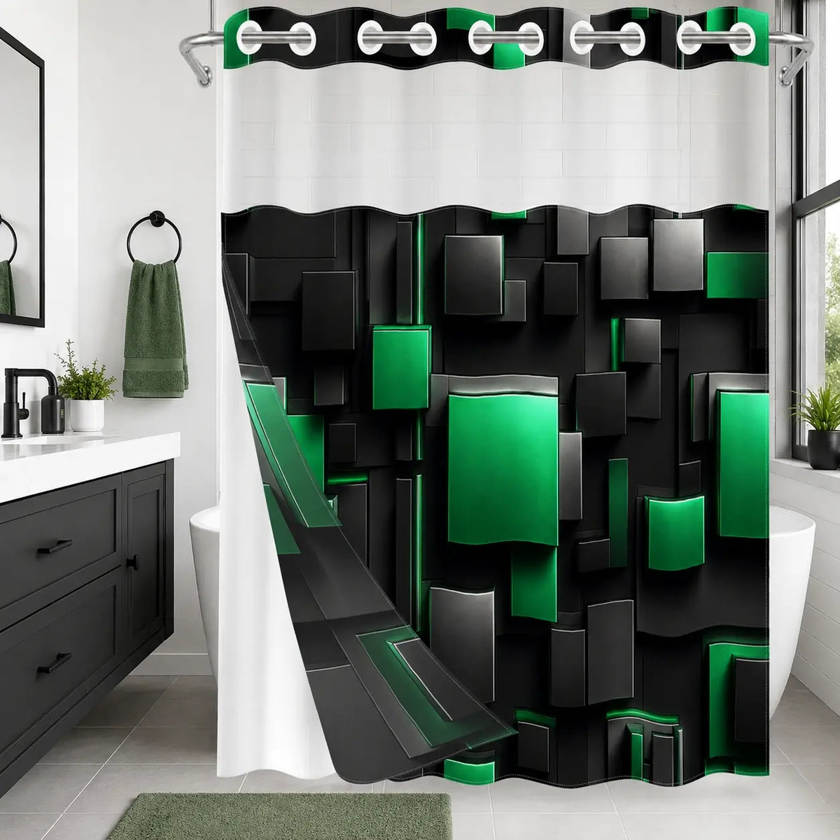 1Pc Hookless Double Layer Shower Curtain, With Removable Snap-in Liner, Black Brown 3D Geometric Block Print, Modern Luxury Bathroom Decor Curtain, Water Repellent Washable Fabric, with Top See-Through Window