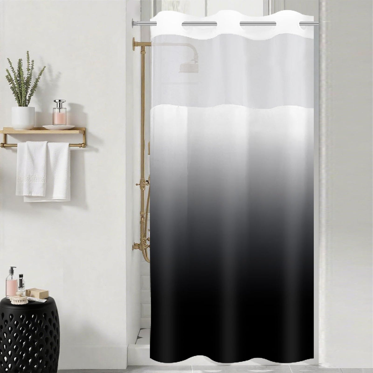 No Hook Shower Curtain and Liner Set, Ombre Black and White, 71x74