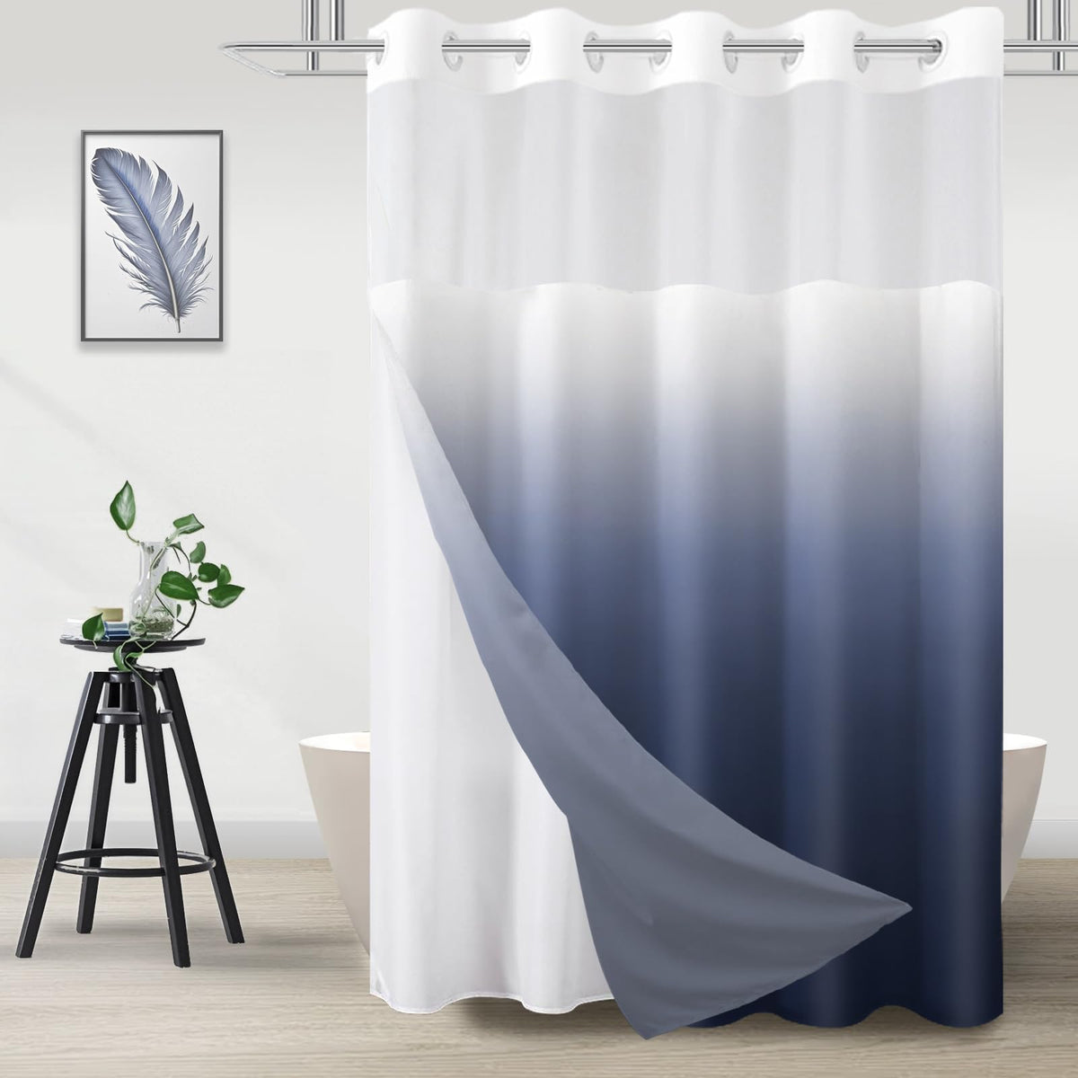 No Hook Shower Curtain and Liner Set, Ombre Black and White, 71x74
