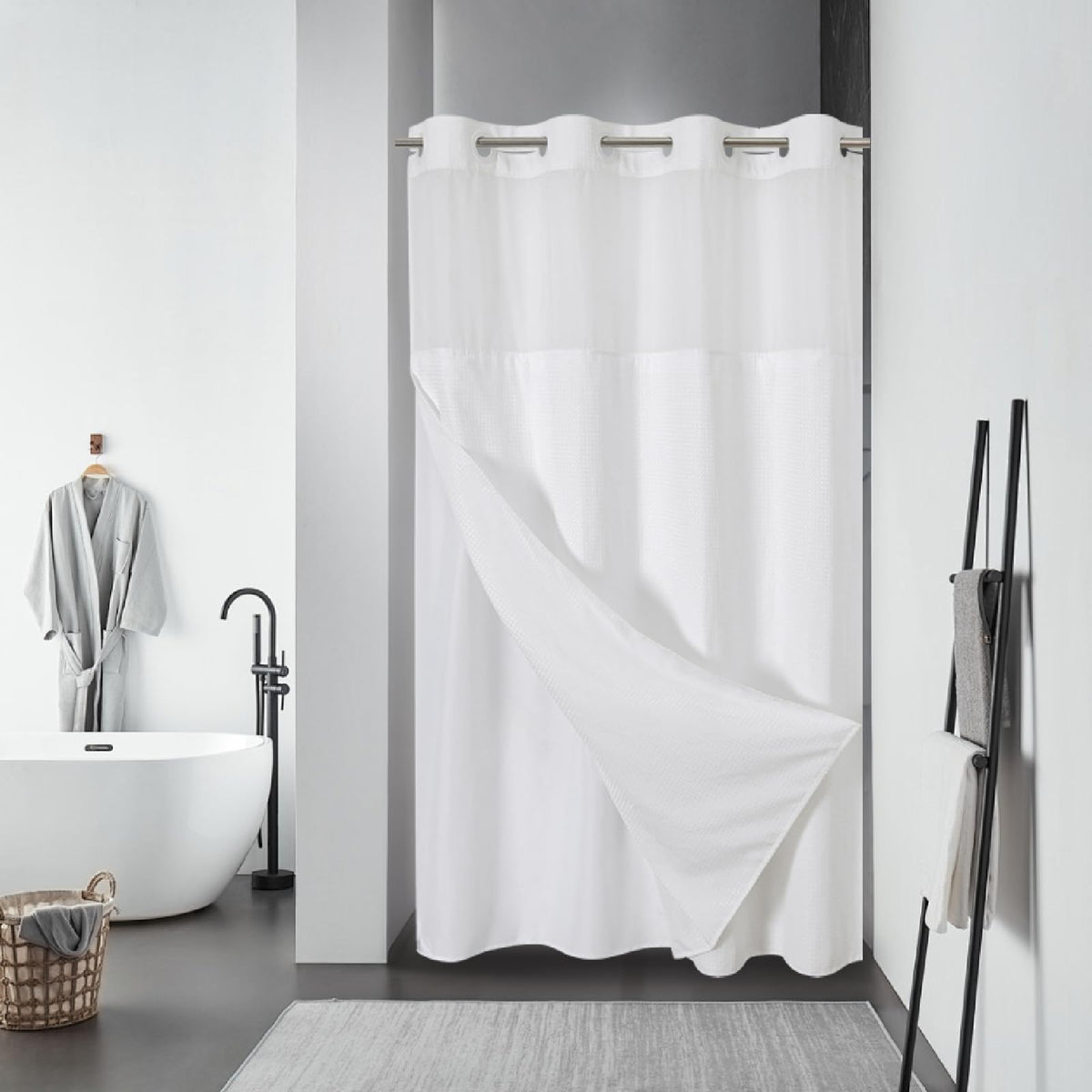 No Hook Extra Long Waffle Shower Curtain with Snap-in Liner,71x98,SageGreen