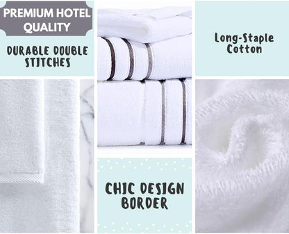 Bath Towels Set for Bathroom – Luxury 6-Piece Cotton Towels, Soft Absorbent & Quick Dry, 600 GSM Bath Towels for Bathroom, Hotel Spa Quality (White/Charcoal, 6- Bath Towel Set)
