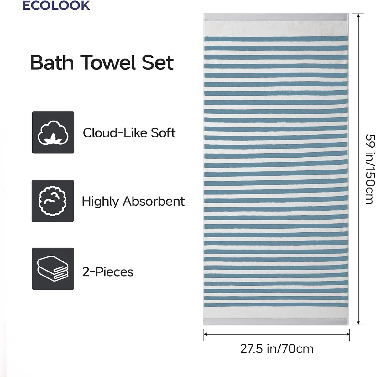 ecolook Microfiber Bath Towel Set of 2, Blue
