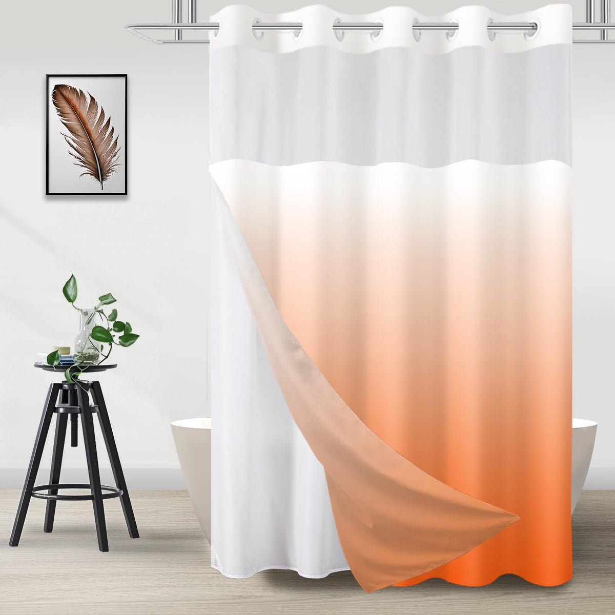 No Hook Shower Curtain and Liner Set, Ombre Black and White, 71x74