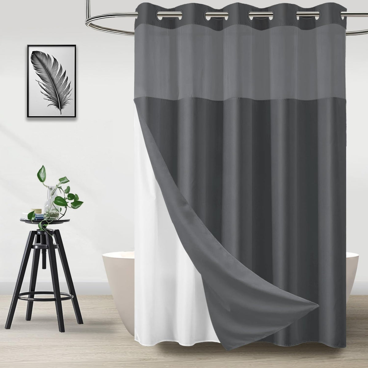 No Hook Shower Curtain and Liner Set, Ombre Black and White, 71x74