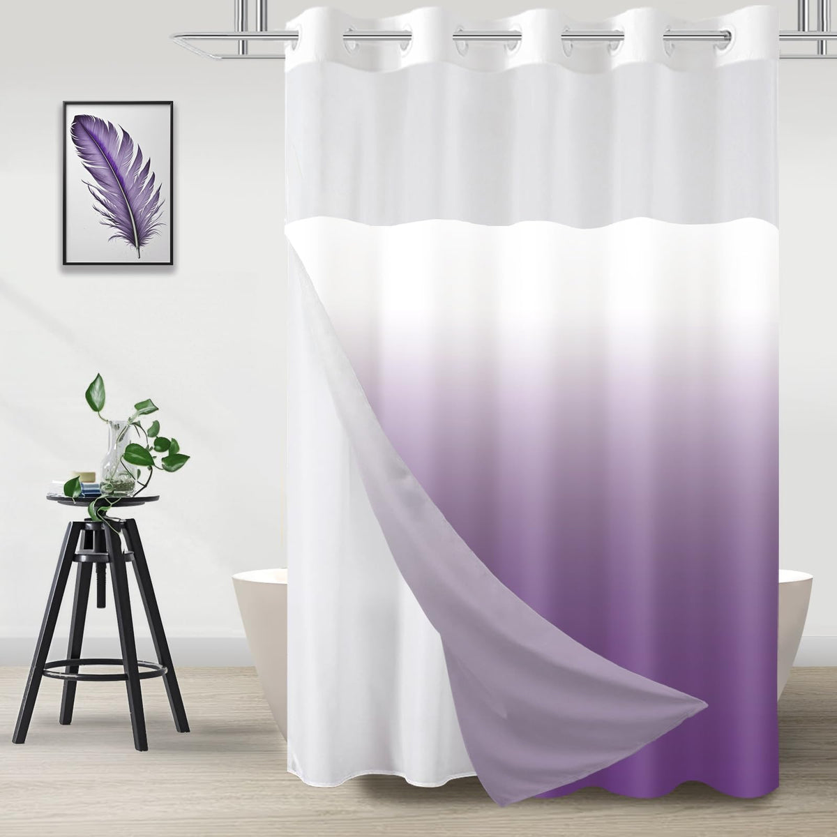 No Hook Shower Curtain and Liner Set, Ombre Black and White, 71x74