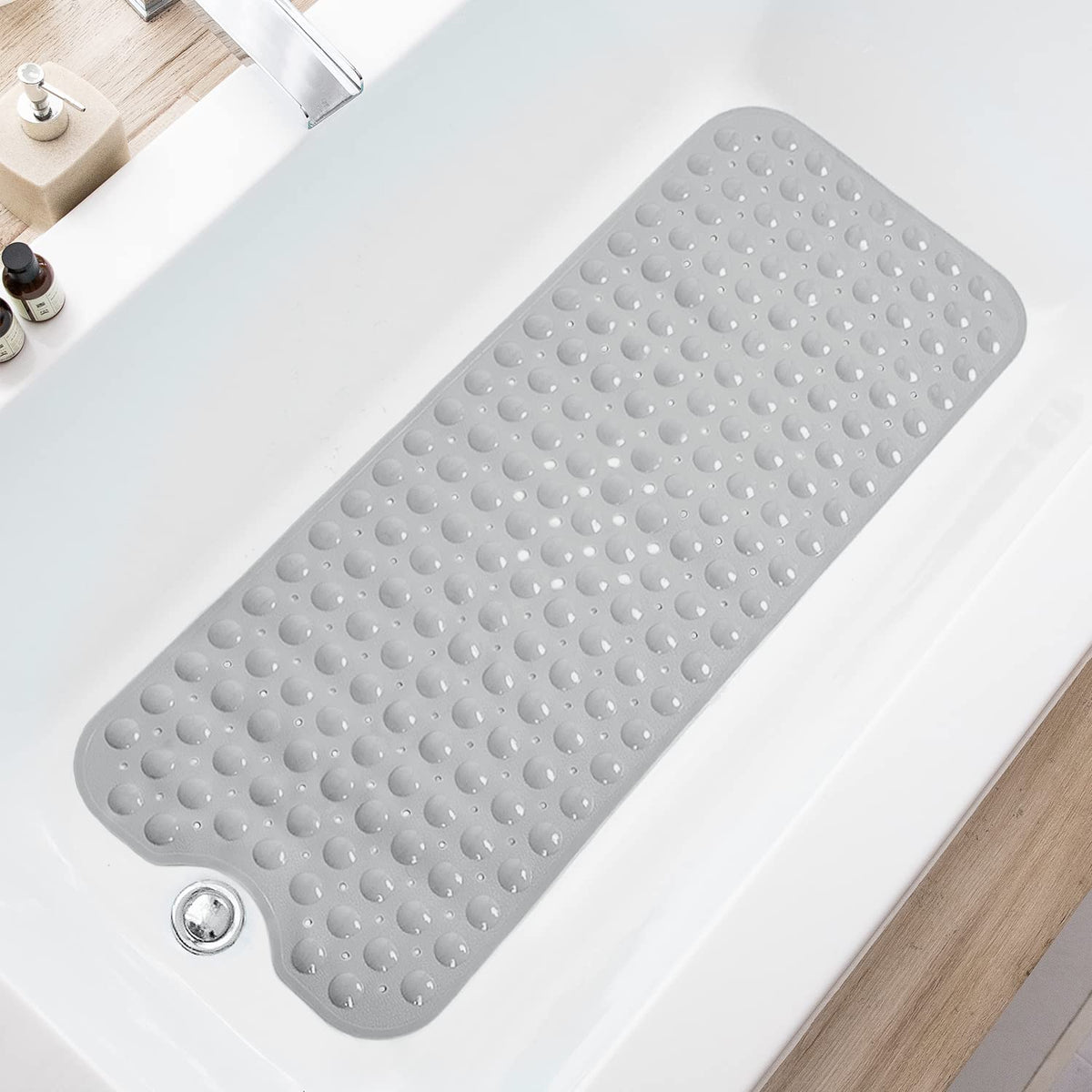 TEESHLY Bathtub Mats for Shower Tub, Extra Long Non-Slip 39 x 16 Inch Bath Mat with Drain Holes and Suction Cups, BathMat for Bathroom with Machine Washable (Clear Grey)