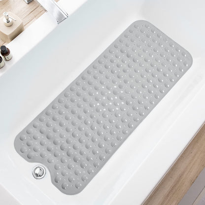 TEESHLY Bathtub Mats for Shower Tub, Extra Long Non-Slip 39 x 16 Inch Bath Mat with Drain Holes and Suction Cups, BathMat for Bathroom with Machine Washable (Clear Grey)
