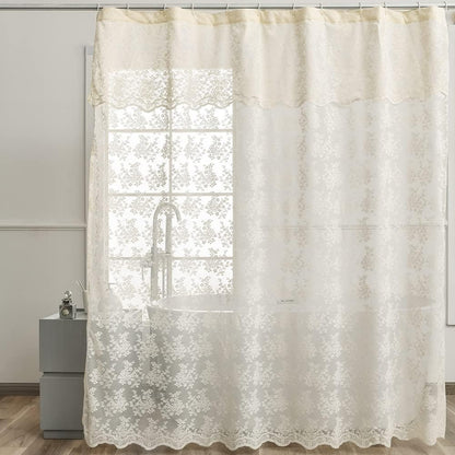 Ivory Lace Shower Curtain 72x72, Vintage Shabby Chic with Attached Valance