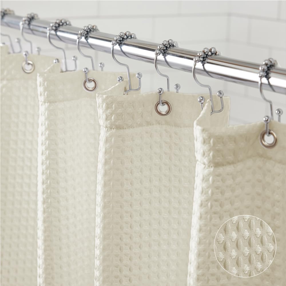 GORILLA GRIP White Waffle Style Textured Fabric Shower Curtain, 72x72