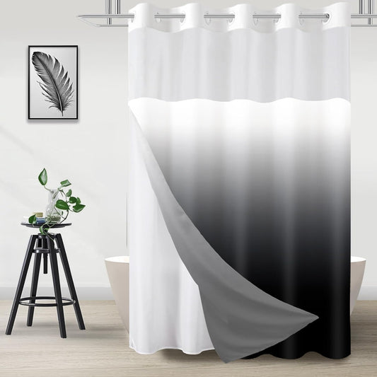 No Hook Shower Curtain and Liner Set, Ombre Black and White, 71x74