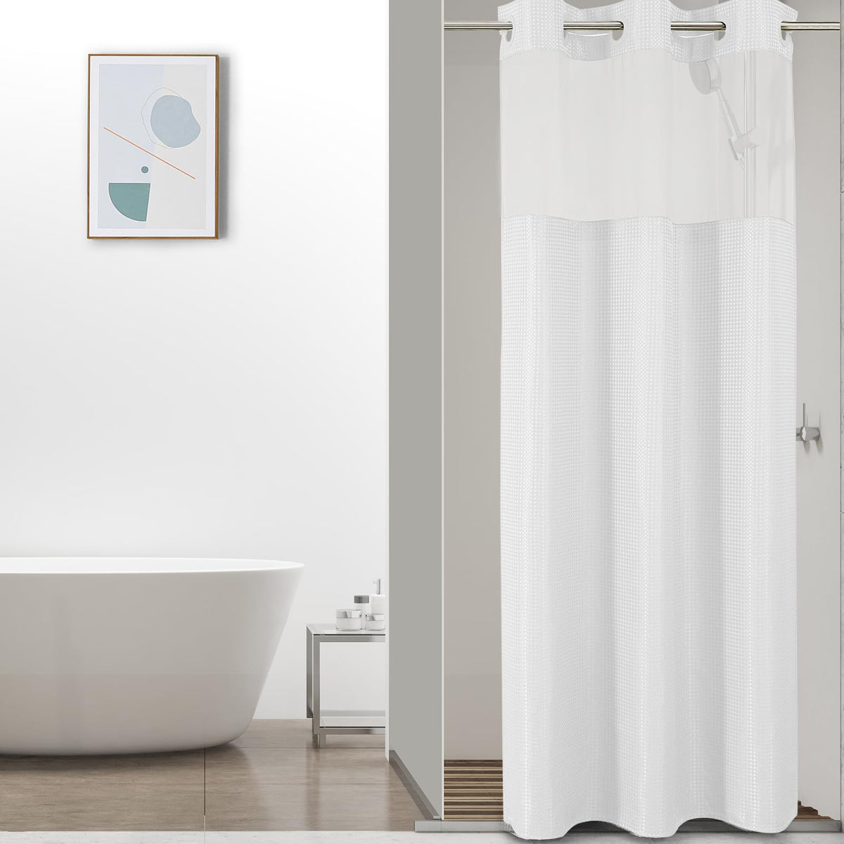 Colorful Star Sage Green No Hook Waffle Shower Curtain Set, 72 x 75 Inch