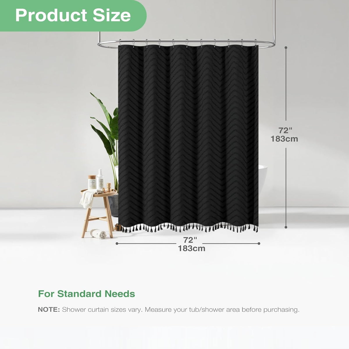 Dynamene Boho Farmhouse Fabric Shower Curtain Tufted Chevron 72"x72" Black