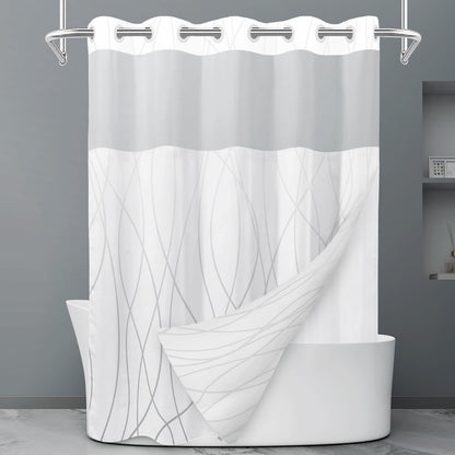 LXBNI Ringless Shower Curtain with Snap-in Liner, Gray White, 71 x 74 Inch