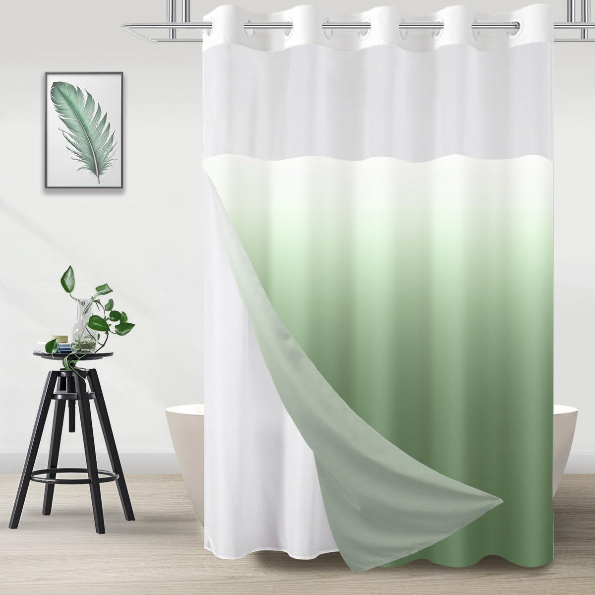 No Hook Shower Curtain and Liner Set, Ombre Black and White, 71x74