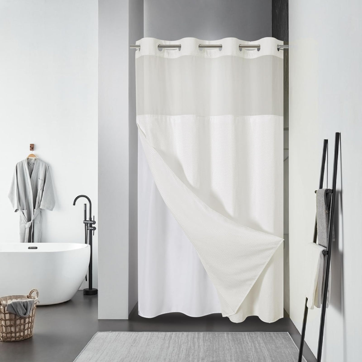 No Hook Extra Long Waffle Shower Curtain with Snap-in Liner,71x98,SageGreen