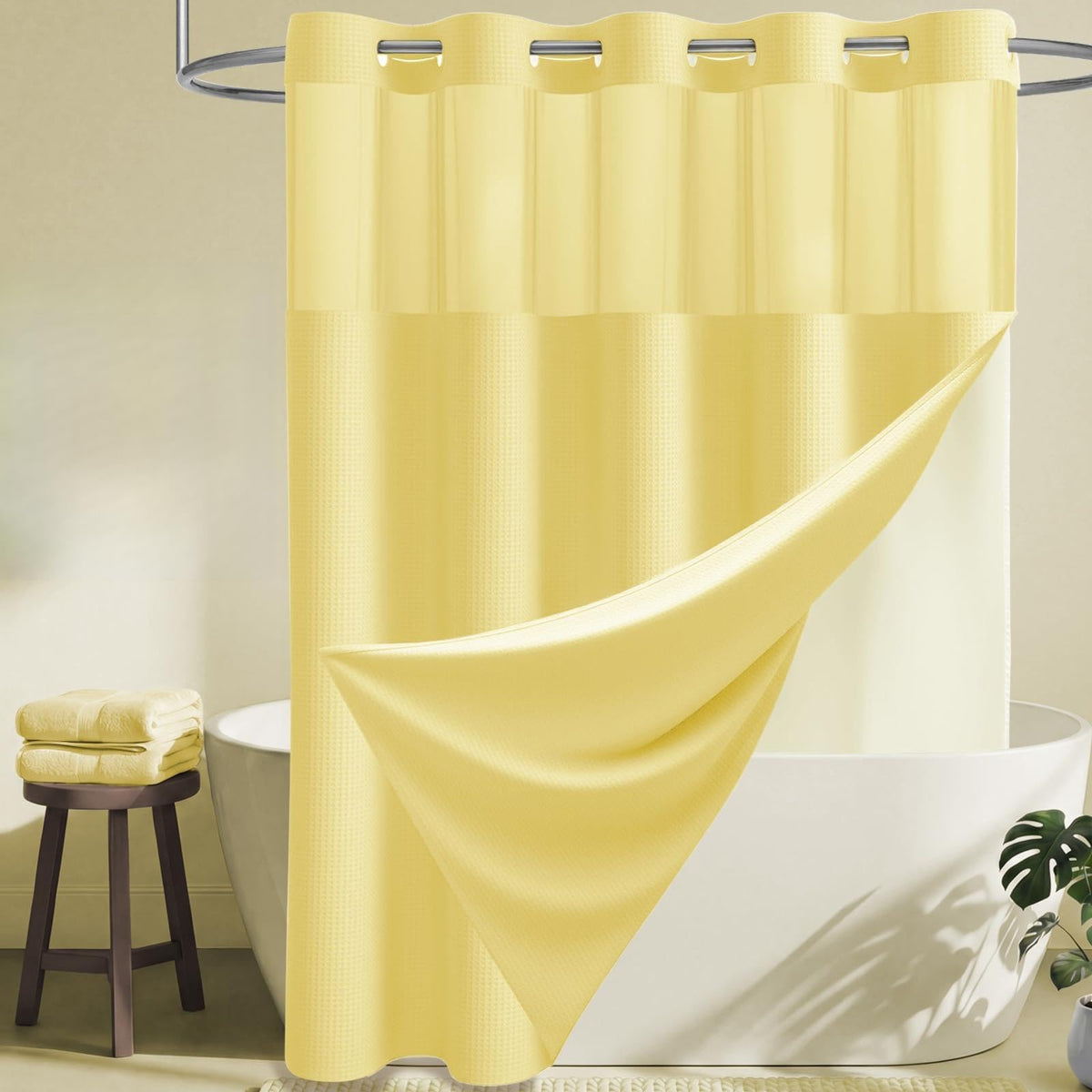 Dynamene Ringless Waffle Weave Fabric Shower Curtain Set, Black, 72"x75"