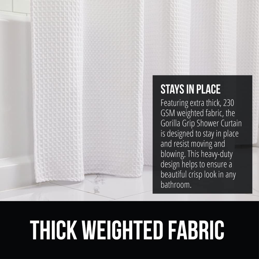 GORILLA GRIP White Waffle Style Textured Fabric Shower Curtain, 72x72
