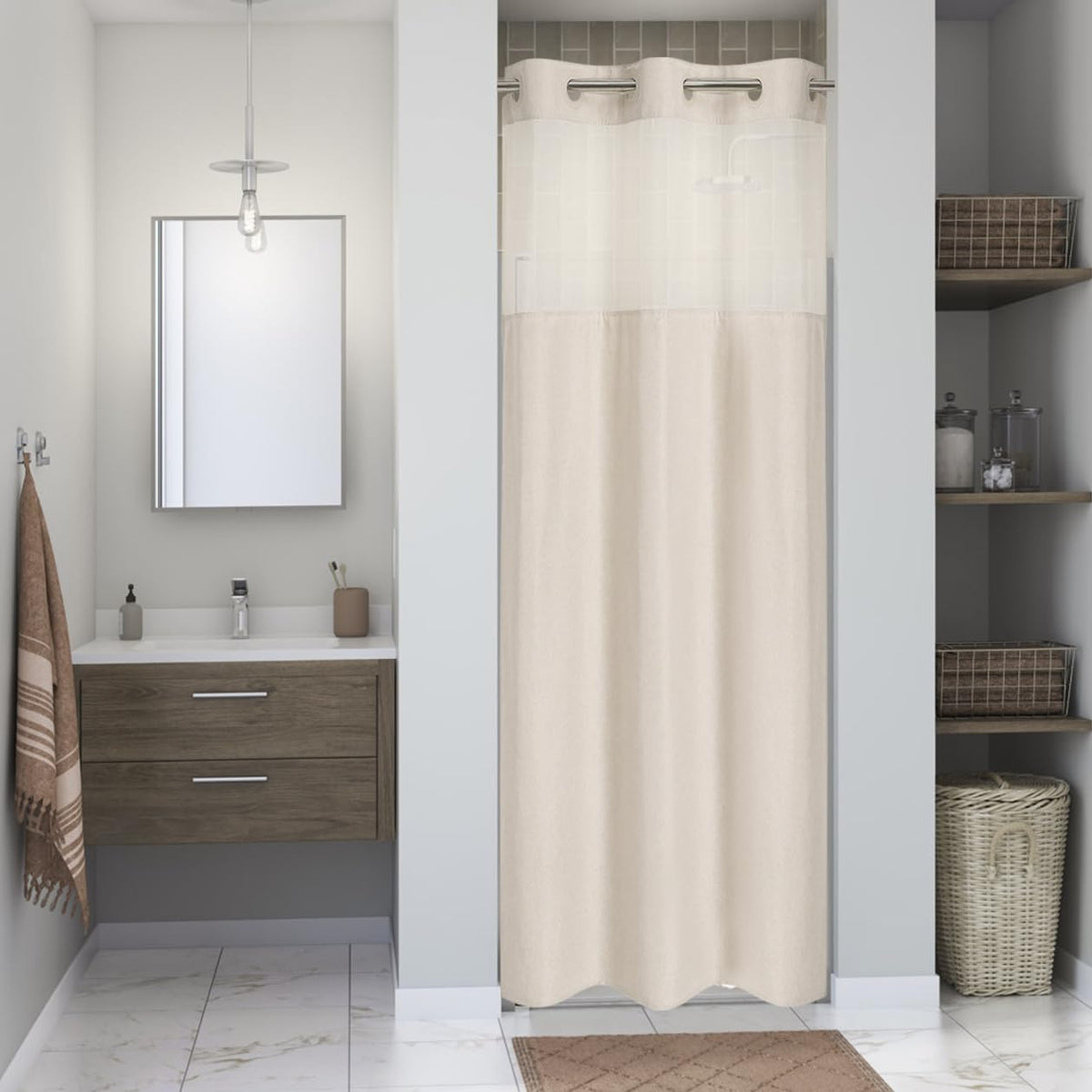 Eachope No Hooks Polyester Textured Shower Curtain with Snap-in Fabric Liner Set, Hotel Luxury Decor Shower Curtains for Bathroom with See Through Top Window, Waterproof & Washable, 71Wx74H, Cream
