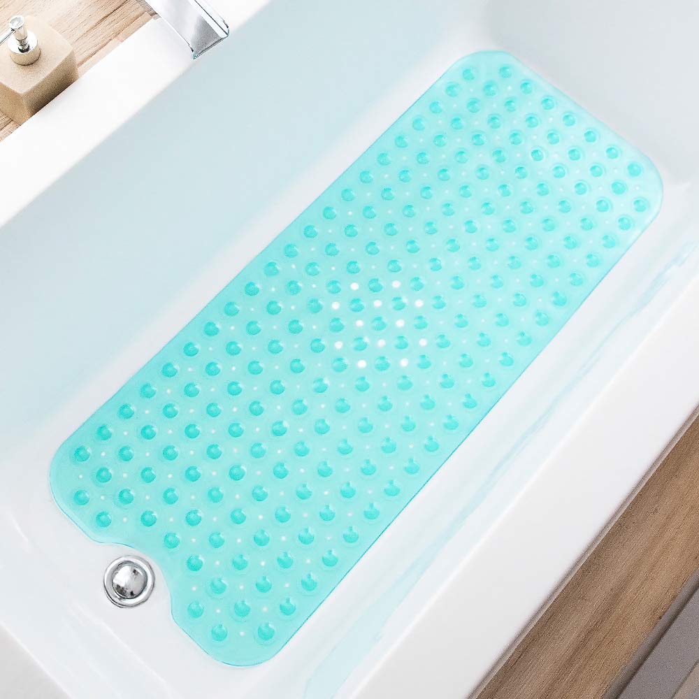 TEESHLY Bathtub Mats for Shower Tub, Extra Long Non-Slip 39 x 16 Inch Bath Mat with Drain Holes and Suction Cups, BathMat for Bathroom with Machine Washable (Clear Grey)