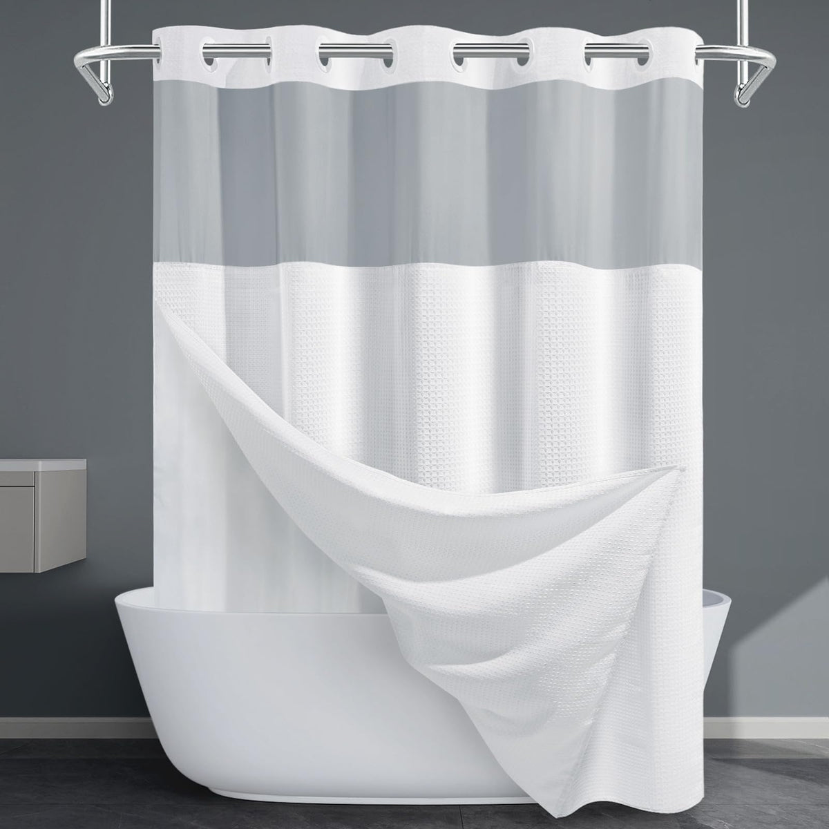 256GSM Heavyweight Ringless Waffle Shower Curtain with Liner, 71x74, Grey