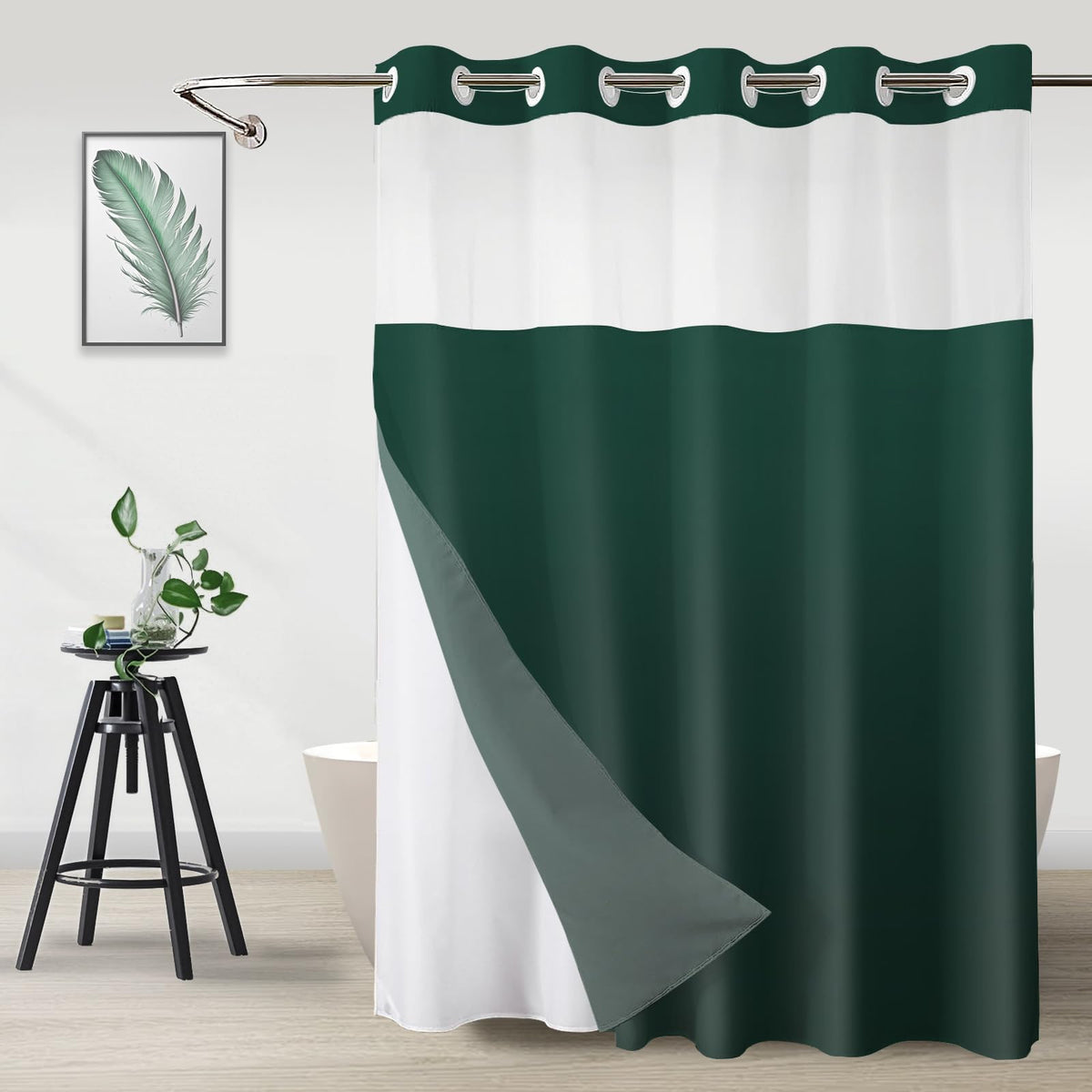 No Hook Shower Curtain and Liner Set, Ombre Black and White, 71x74