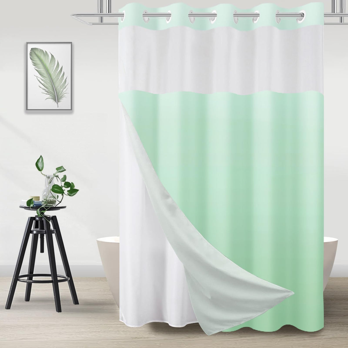 No Hook Shower Curtain and Liner Set, Ombre Black and White, 71x74
