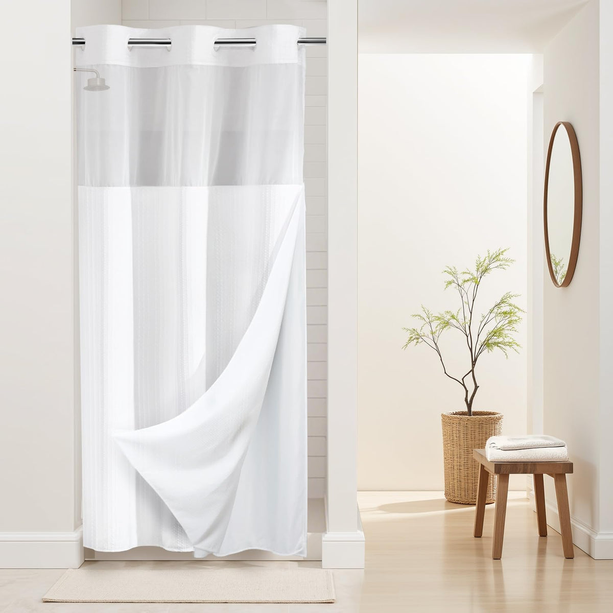 River Dream Waffle No Hook Shower Curtain with Liner,Navy Blue,71x74