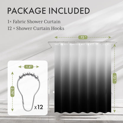 AmazerBath Shower Curtain, Cloth Ombre Black Shower Curtain Set with 12 Hooks, Washable Fabric Black and White Shower Curtain, Rustic Farmhouse Bathroom Shower Curtain, 72x72 Inches