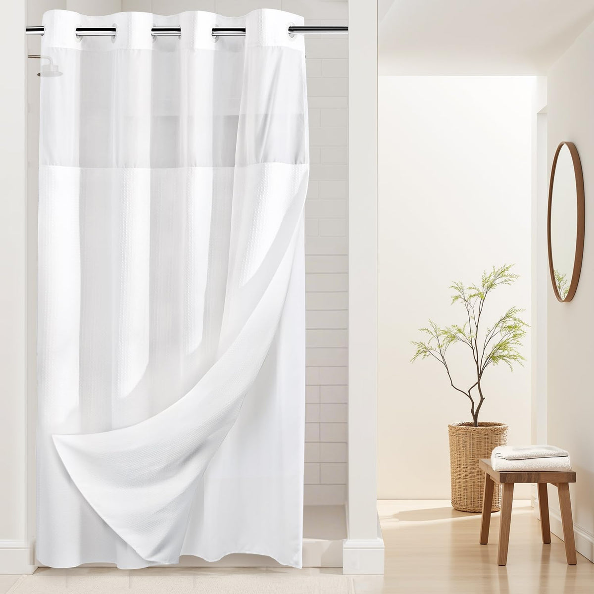River Dream Waffle No Hook Shower Curtain with Liner,Navy Blue,71x74