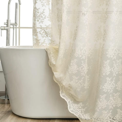 Ivory Lace Shower Curtain 72x72, Vintage Shabby Chic with Attached Valance