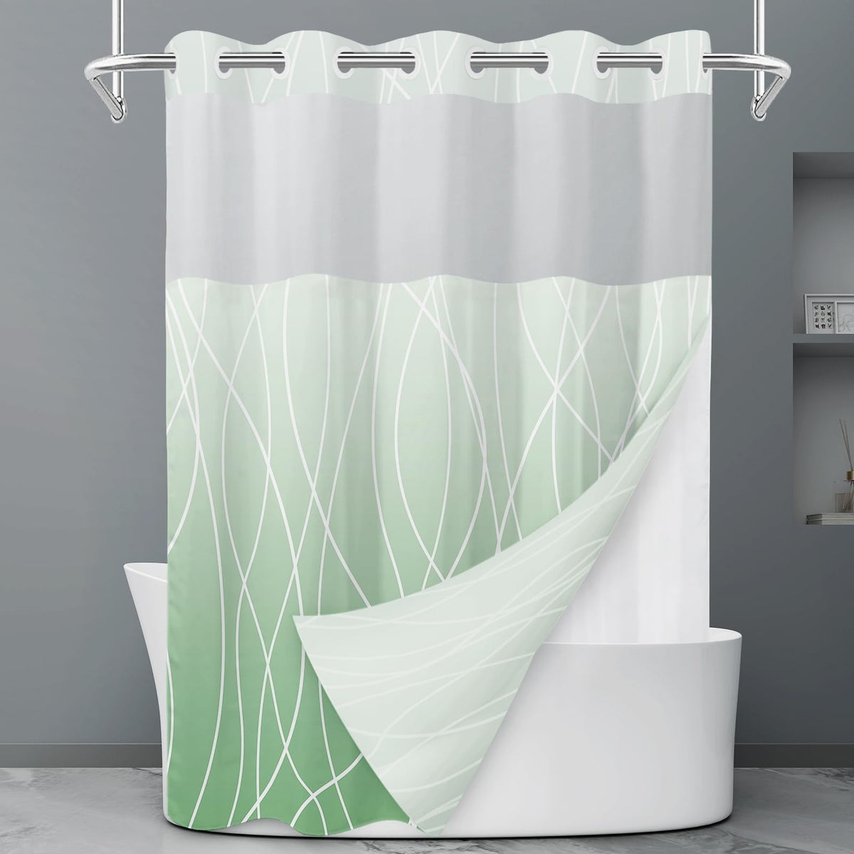 LXBNI Ringless Shower Curtain with Snap-in Liner, Gray White, 71 x 74 Inch