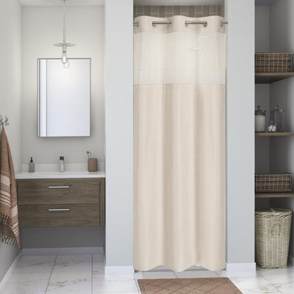 Eachope No Hooks Polyester Textured Shower Curtain with Snap-in Fabric Liner Set, Hotel Luxury Decor Shower Curtains for Bathroom with See Through Top Window, Waterproof & Washable, 71Wx74H, Cream