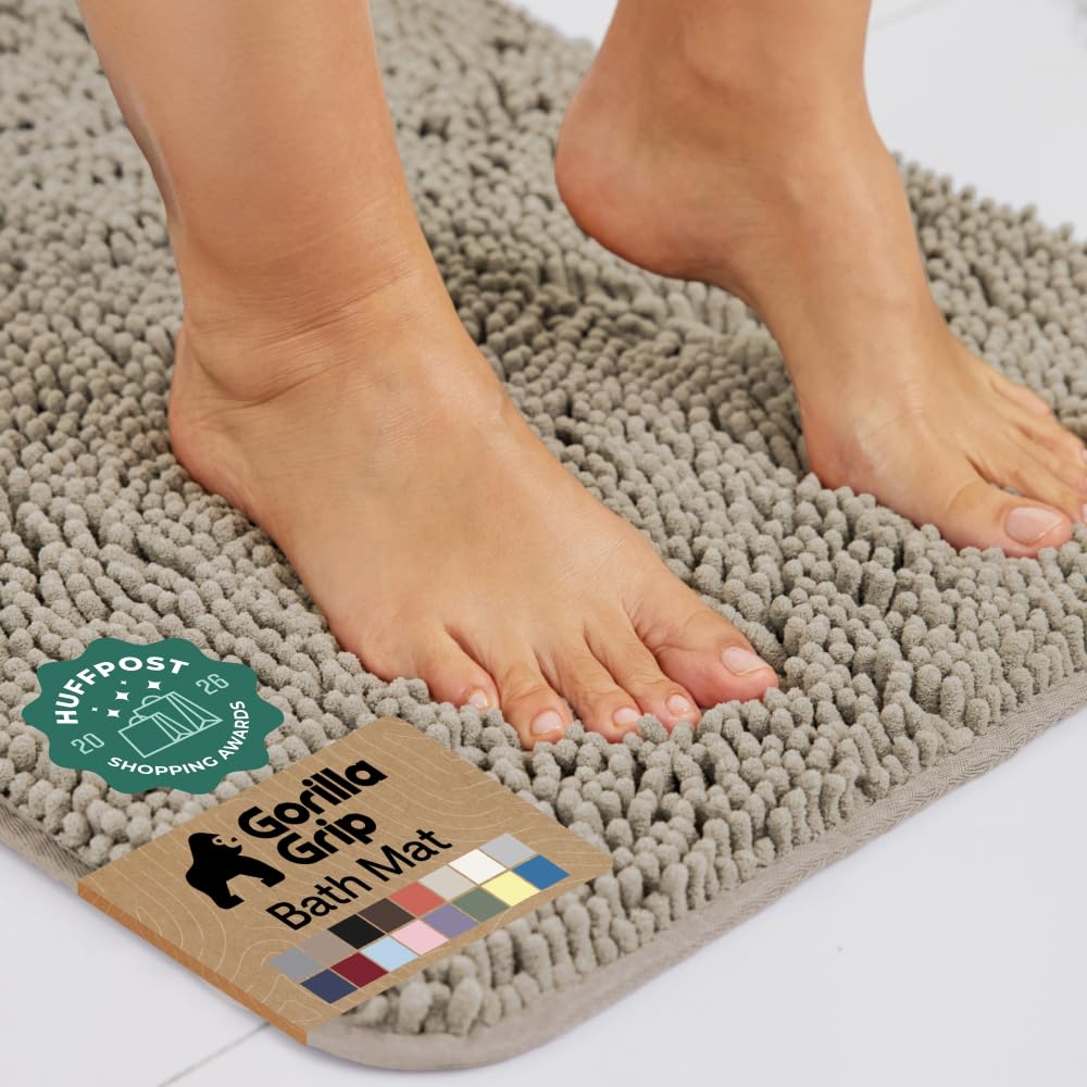 GORILLA GRIP Bath Rug Mat for Bathroom, Absorbent Chenille, 24x17 Gray