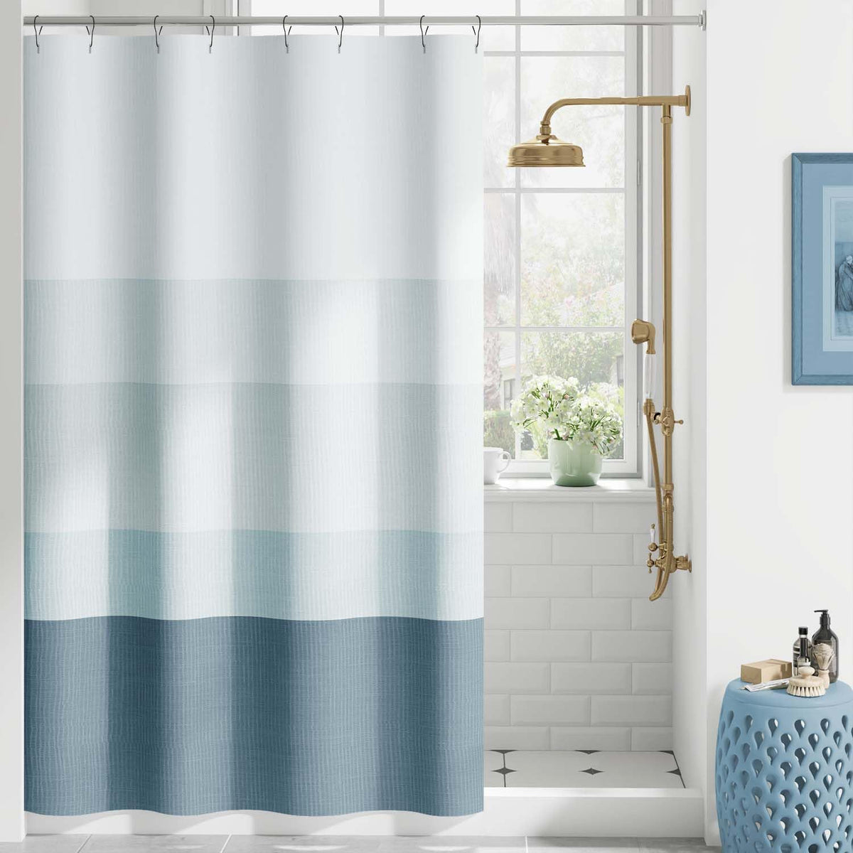 jinchan Ombre Ocean Blue Shower Curtain for Bathroom 70x72 Inch 12 Hooks