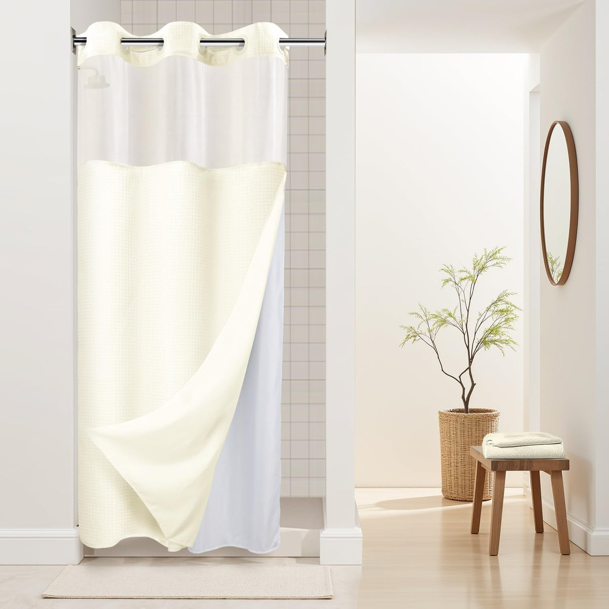 River Dream Waffle No Hook Shower Curtain with Liner,Navy Blue,71x74