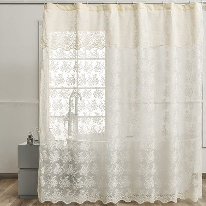 Ivory Lace Shower Curtain 72x72, Vintage Shabby Chic with Attached Valance