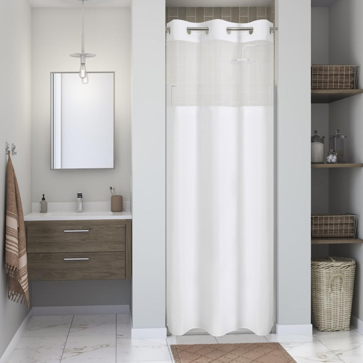 Eachope No Hooks Polyester Textured Shower Curtain with Snap-in Fabric Liner Set, Hotel Luxury Decor Shower Curtains for Bathroom with See Through Top Window, Waterproof & Washable, 71Wx74H, Cream