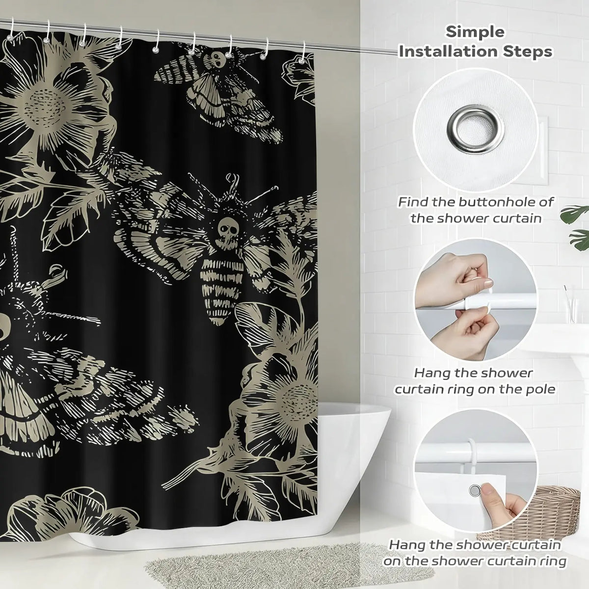 1PC Gothic Skull Moth Flower Decorative Shower Curtain, Bathroom Shower Curtains, Waterproof Dark Goth Art Bath Curtain with Hooks, Easy Install & Maintain, Mysterious Dark Bathroom Decor