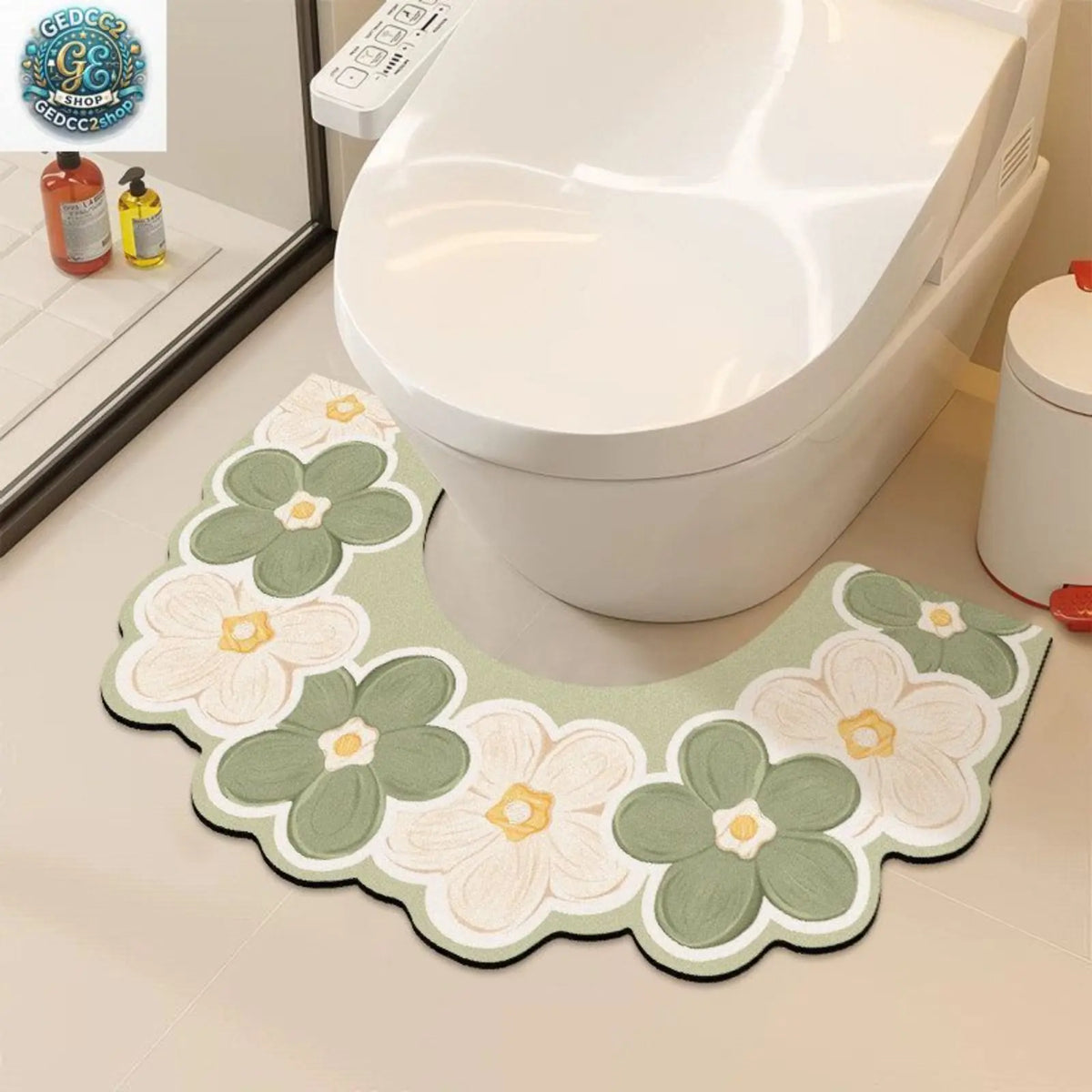 Floral U Shaped Toilet Mat, Diatomaceous Earth Bath Mat for Bathroom, Quick Dry Absorbent Floor Rug with Non Slip Backing, Decorative Toilet Floor Mat