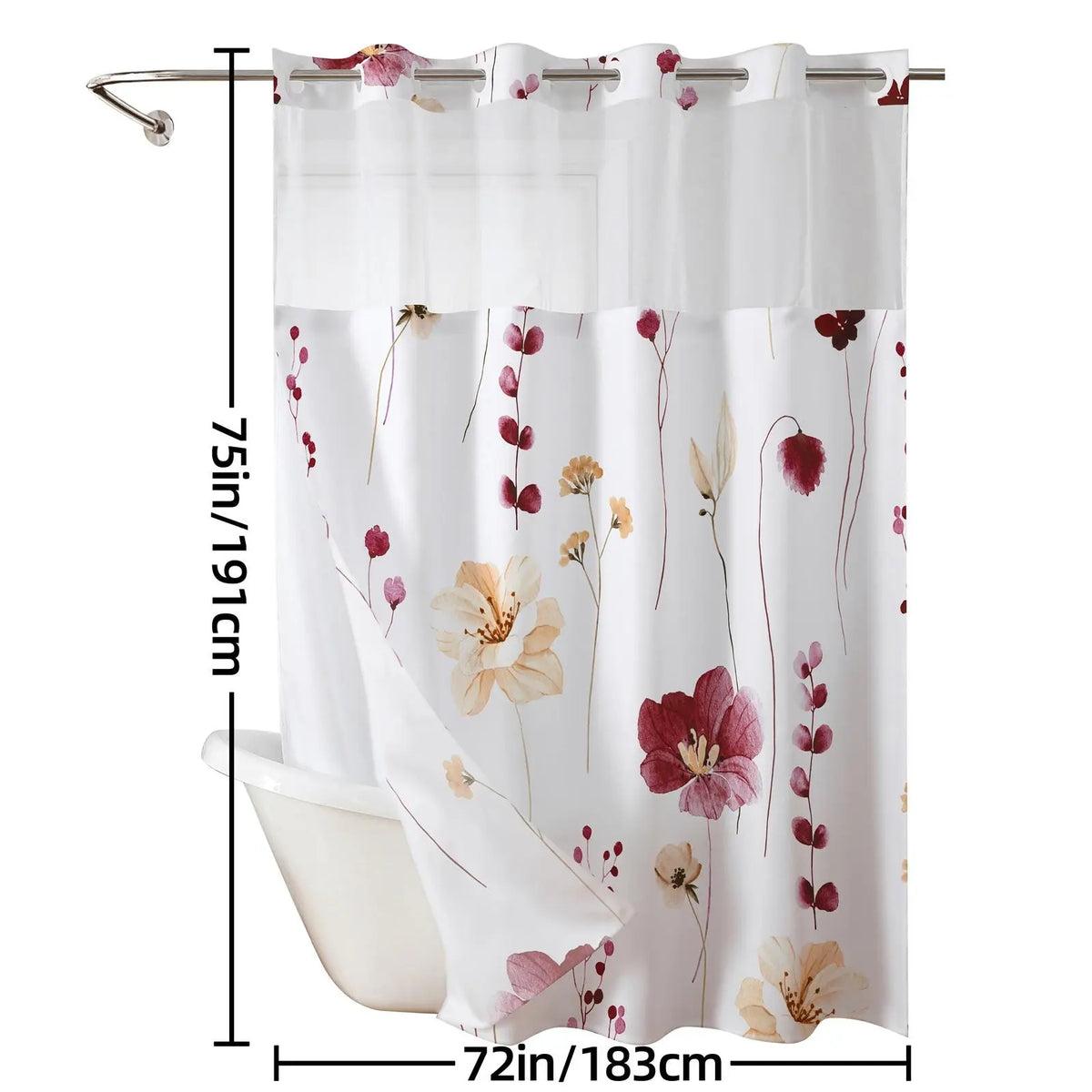 Ink and wash Floral double-layer shower curtain, no hooks, fresh country style home decoration, bathroom accessories, 72x75in