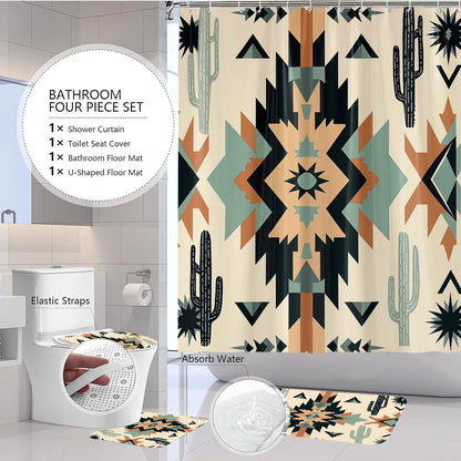 4pcs Bohemian Style Shower Curtain Set with 12 Hooks, Non-Slip Bath Mat, U-Shaped Rug, Toilet Seat Cover, Complete Aesthetic Bathroom Decor