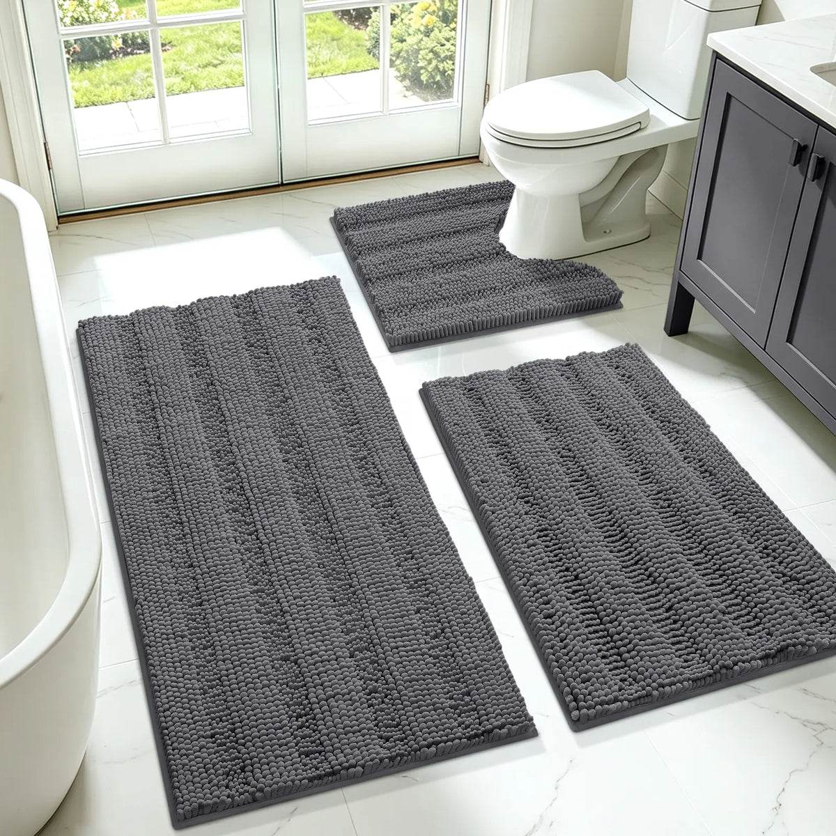 ACCUMTEK 3-Piece Soft Striped Rectangle Chenille Fiber Bathroom Rug Set - Non-Slip, Absorbent, Keeps Floors Dry Plush Shaggy Bath Mats for Bathroom Decor, Home Interior, High Pile