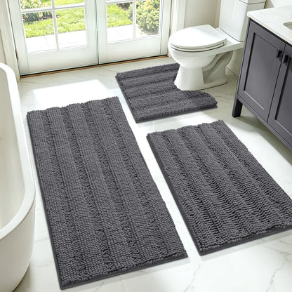 ACCUMTEK 3-Piece Soft Striped Rectangle Chenille Fiber Bathroom Rug Set - Non-Slip, Absorbent, Keeps Floors Dry Plush Shaggy Bath Mats for Bathroom Decor, Home Interior, High Pile