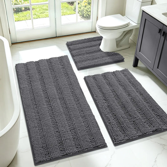 ACCUMTEK 3-Piece Soft Striped Rectangle Chenille Fiber Bathroom Rug Set - Non-Slip, Absorbent, Keeps Floors Dry Plush Shaggy Bath Mats for Bathroom Decor, Home Interior, High Pile