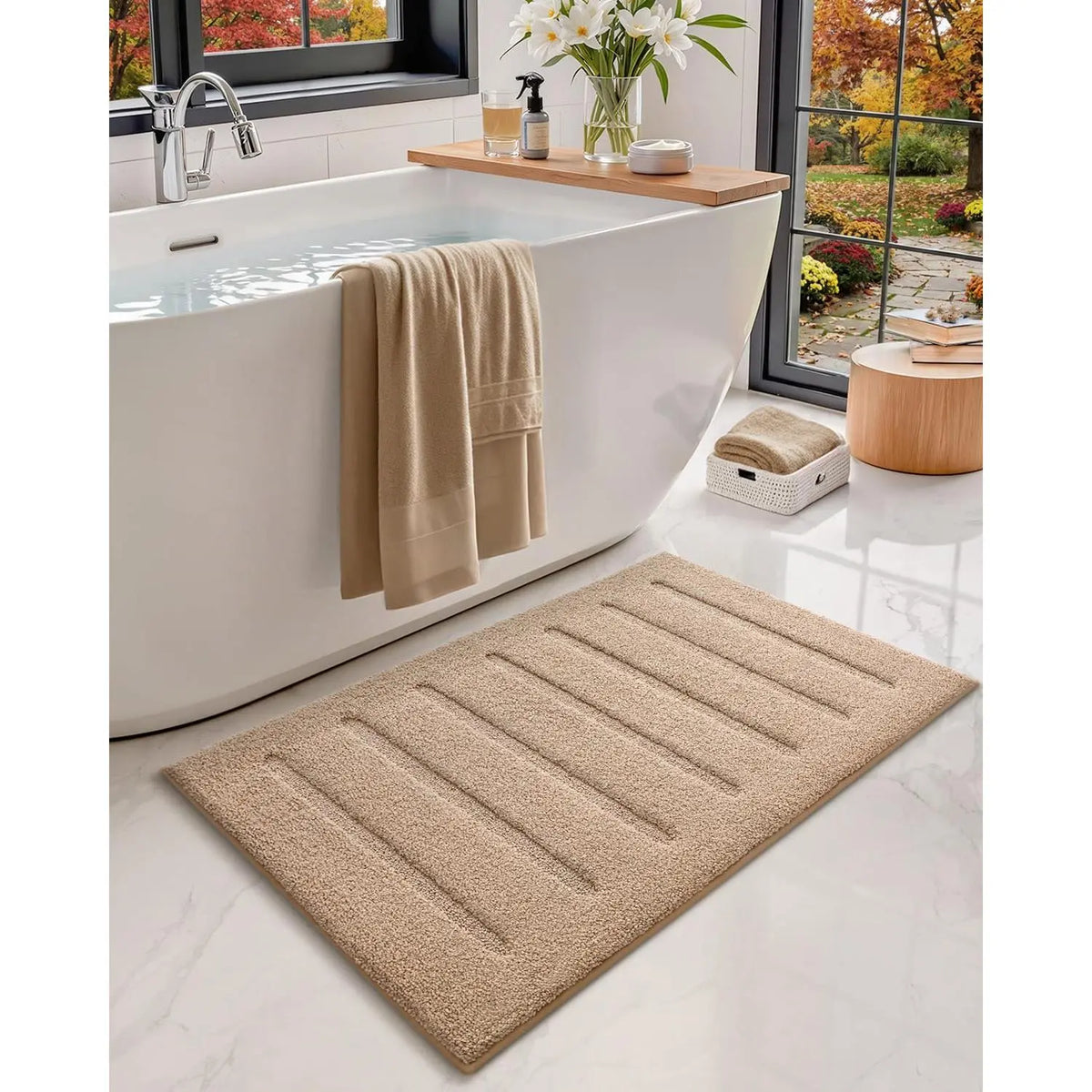 White Bathroom Rugs 30x17, Ultra Soft Absorbent Microfiber Bath Rugs, Washable Plush Striped Bathroom mat, Non-Slip Bath Mats for Bathroom, Bathtub, Shower, Laundry, White