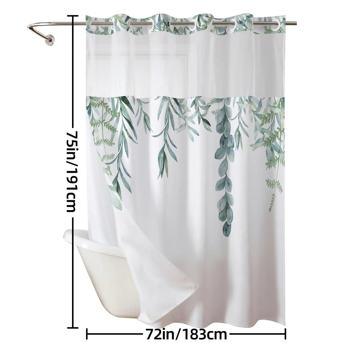 Ink and wash Floral double-layer shower curtain, no hooks, fresh country style home decoration, bathroom accessories, 72x75in