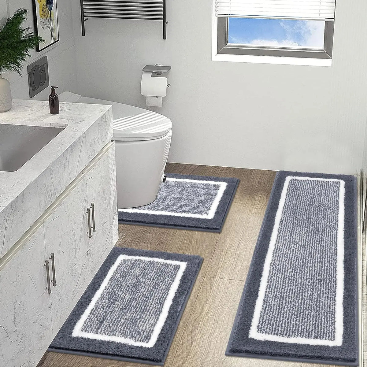LOKHOM Bathroom Rug Sets, Non Slip, Absorbent Microfiber, Soft Farmhouse Bathroom Rug, Includes U-Shaped Toilet Mat, Shower, Machine Washable Home Goods Grey rug Cozy Bath Mat summerwins,back to school,dorm essentials,home decor,home essentials