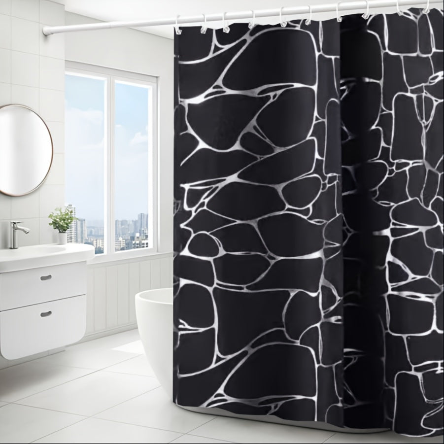 1pc Veined Silvery-Toned Bath Curtain with Matching Hooks, Bathroom Decorative Shower Curtain