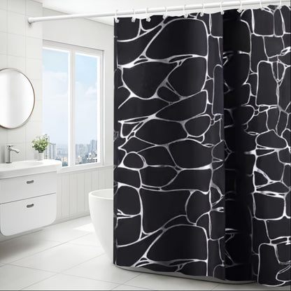 1pc Veined Silvery-Toned Bath Curtain with Matching Hooks, Bathroom Decorative Shower Curtain