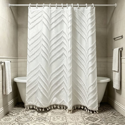 1pc Tassel Shower Curtain Bohemian Style Jacquard Fabric, Bathroom Partition Curtain, with 12pcs Hooks, Home Decor